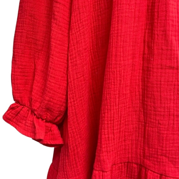 NWT Kaktus V-Neck Ruffle Cuff Tiered Red Gauze Dress Size L - Picture 4 of 9